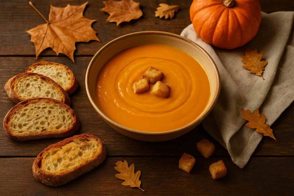 Zuppa di zucca cremosa servita con crostini e olio d'oliva - È sempre mezzogiorno autunno 2025